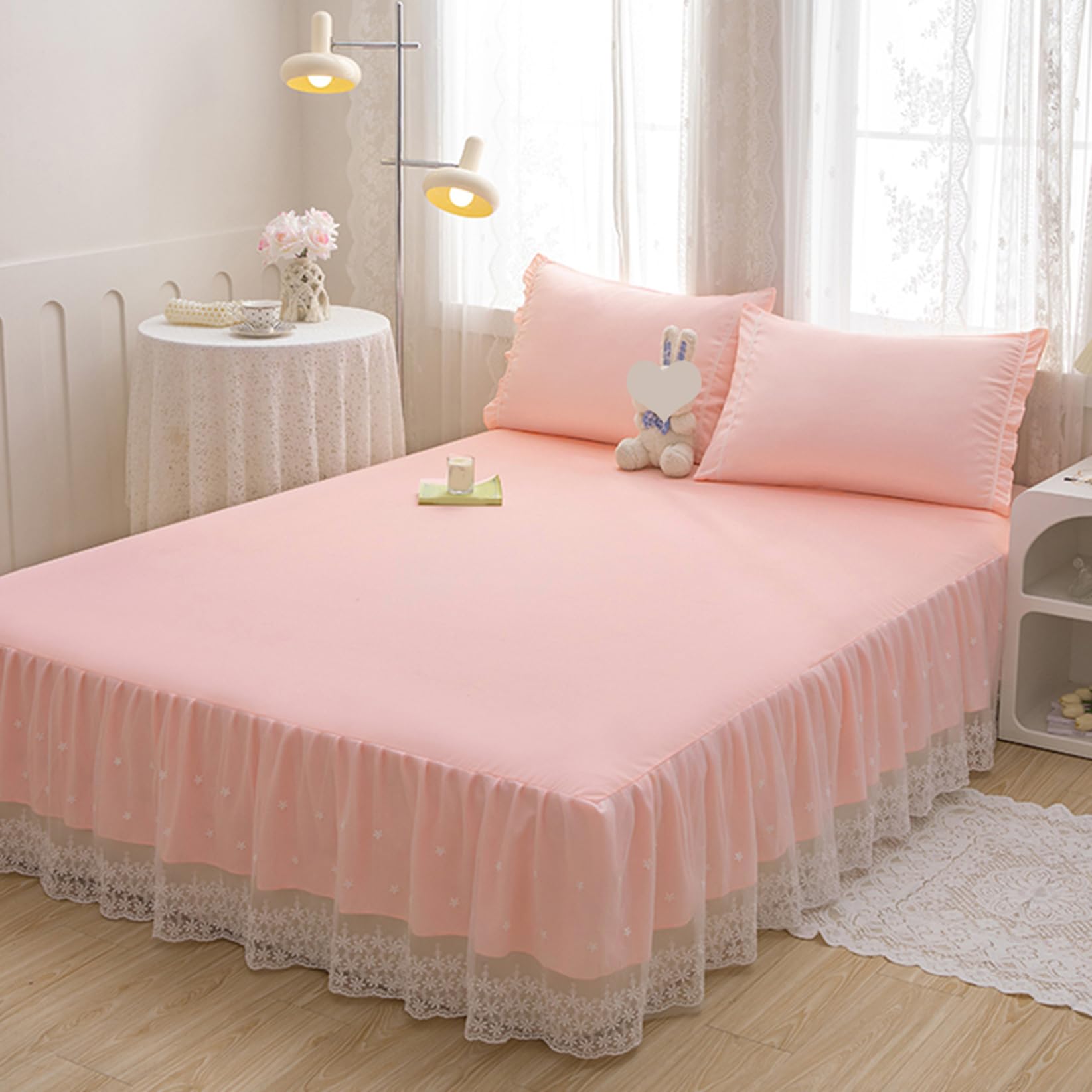 Fzigenle 無地 ベッドスカート A200*220 ベッドシーツ マットレス敷きカバー ピンク 肌に優しい ベッドスプレッド フリル レース 寝具カバー 敷きシーツ コットン 高通気性 耐久性