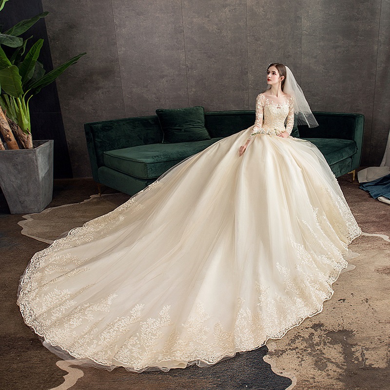 ウェディングドレス 袖あり トレーンライン 白 花柄 総レース シースルー ワンピース 結婚式 披露宴 後撮り 二次会ドレス 花嫁ドレス ウエディング 長袖 エンパイア シンプル