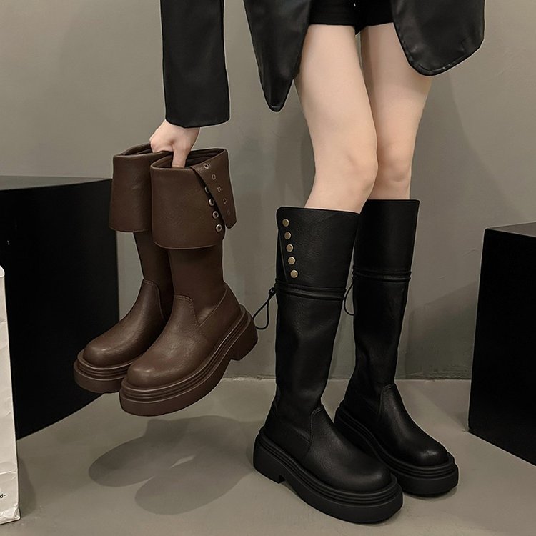 レトロブラウンアメリカン風太ヒール厚底ロングブーツレディース2024秋スタイル背が高くスリムな騎士