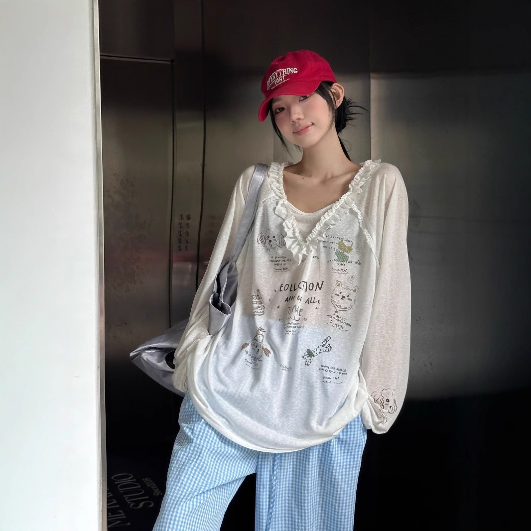 夏の（透ける）ケーキの犬の木ギャザーレースの長袖日焼け止め8710