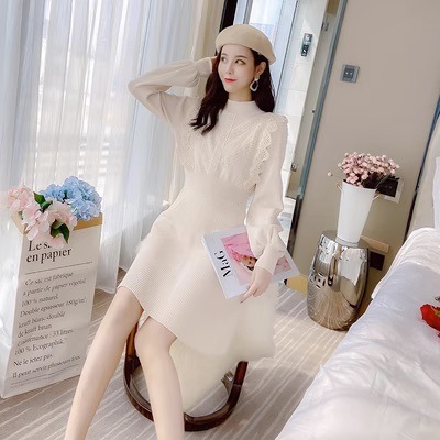 ワンピース フレアワンピース 膝丈 ひざ丈 膝上 袖あり 長袖 ハイネック レース 刺繍 ウエストマーク ニット かわいい 大人可愛い きれいめ おしゃれ お洒落 ラブリー キュート ガーリー 主役級