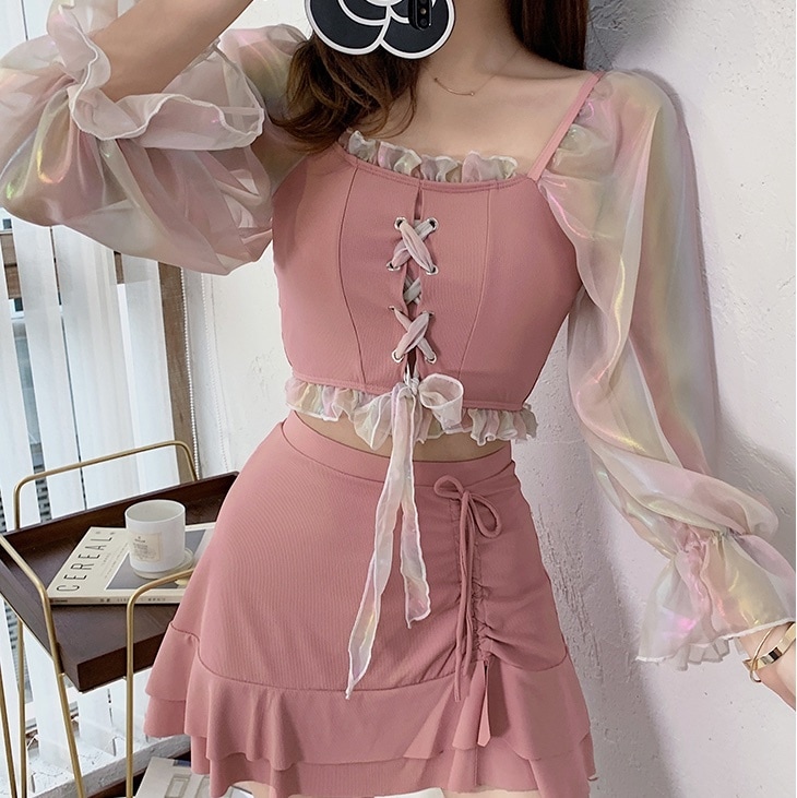 水着 ビキニ スイムウェア タンキニ 体系カバー 長袖 フリル レースアップ 水陸両用 セット 上下セット かわいい 大人可愛い シンプル おしゃれ お洒落 かっこいい マニッシュ メンズライク