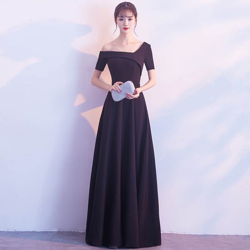 ロング ドレス パーティードレス 個性的 黒 無地 袖あり アシンメトリー 結婚式 二次会 お呼ばれ フォーマル 演奏会 ピアノ 発表会 ドレス 大人 かっこいい 可愛い ワンショルダー モード セク