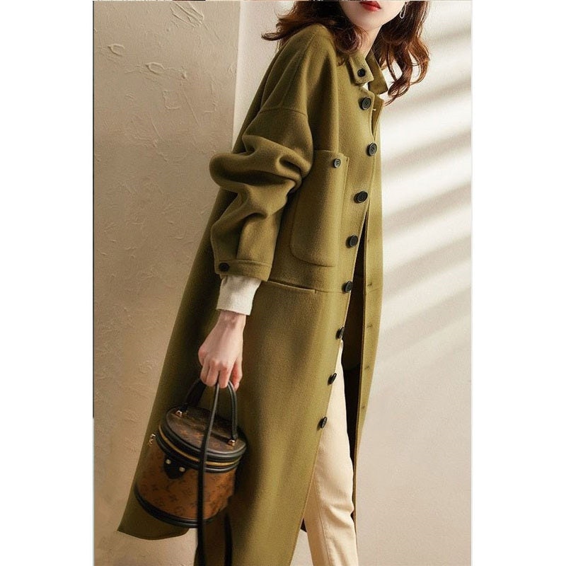 ステンカラーコートレディースロング丈ラシャコートステンカラースー秋冬黒チェスターコート