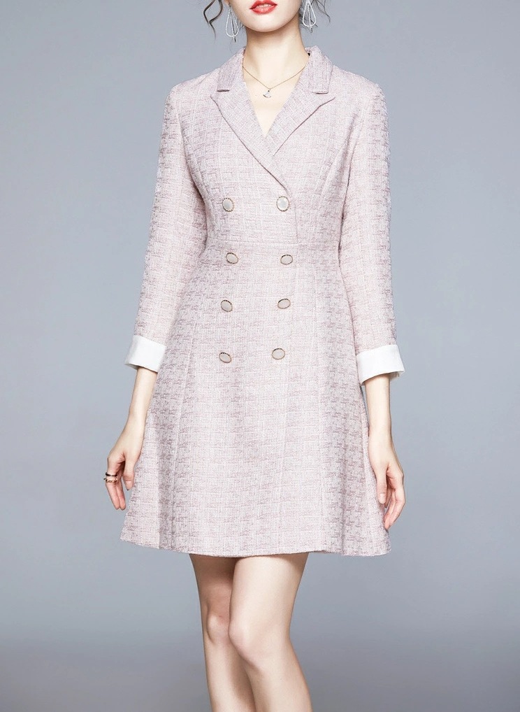 ダブルブレストツイードワンピース長袖 入学式 卒業式 入園式 卒園式 フォーマル ラウンドネック 春 秋 長袖 ひざ下丈 ミディ丈 おしゃれ 可愛い 結婚式ワンピ お呼ばれ