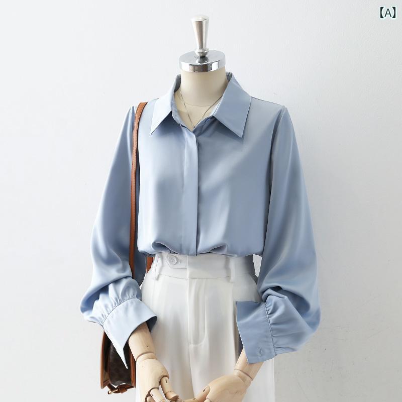 レディース トップス ブラウス サテン 長袖 シャツ 秋 カジュアル しわ防止 ビジネス クラシック OLスタイル 通勤 オフィス 仕事