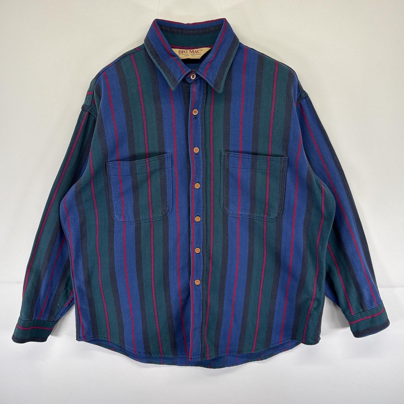 古着 90s/90年代 ビッグマック BIG MAC USA製 長袖 ヘビーフランネルシャツ 胸ポケット 大きいサイズ マルチカラー XL ブルー メンズ
