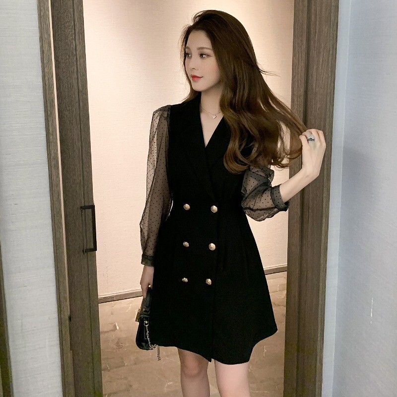 シャツワンピース Aライン シースルー ドット コート風 ジャケット風 ブラック 黒 ハイウェスト