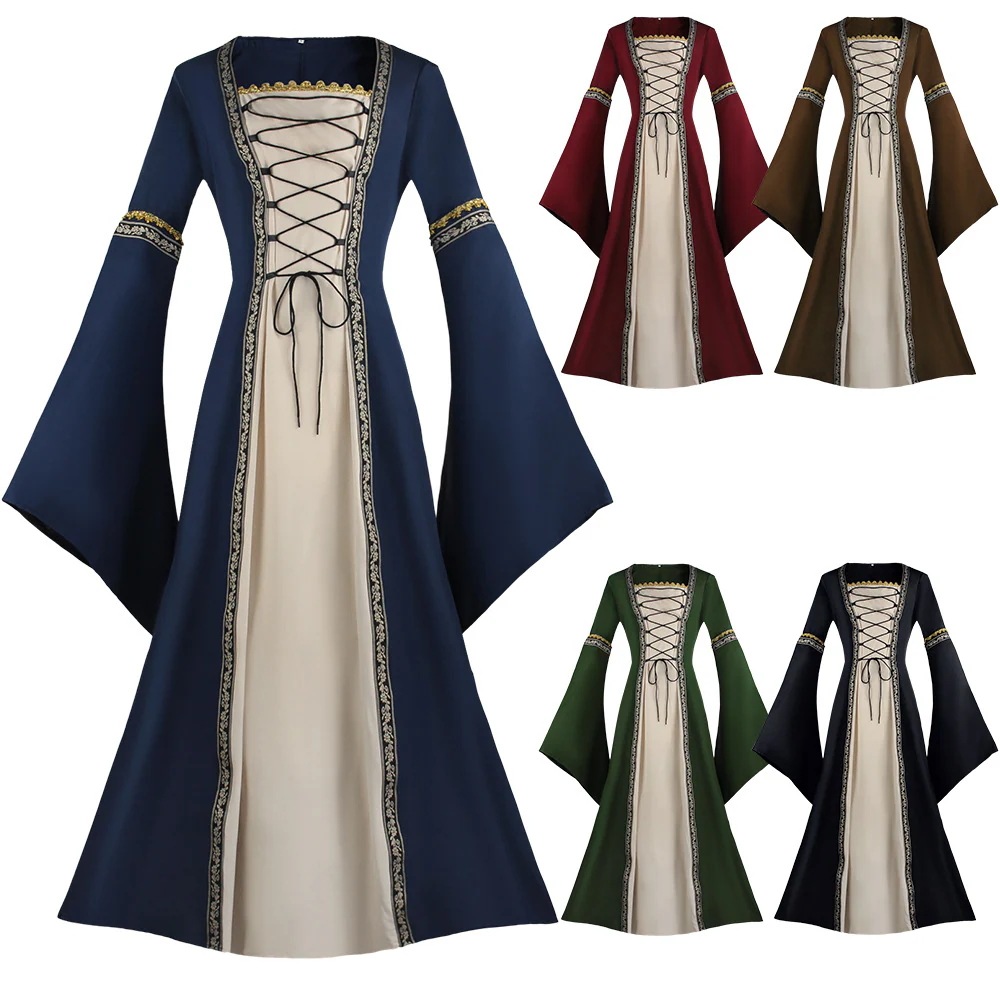 K1042中世の襟のラッパの袖はレースの長いワンピースのコスプレの演技の服のゴシックのcosの服を持ちます