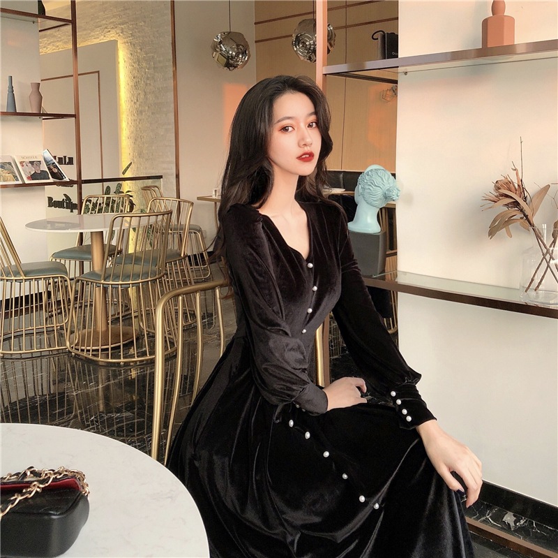 ベルベットワンピース トップス プルオーバー フォーマル ブラック 黒 ロング丈 袖あり 長袖