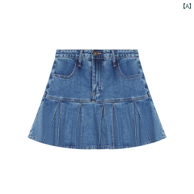 デニムスカート ミニ プリーツ レディース アメリカン レトロ ウォッシュデニム 夏 ホット ガール ハイウエスト ブルー