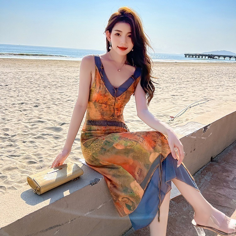 【短納期】リゾートワンピ レイヤード風 シースルー 柄ワンピ ビーチワンピ ロングワンピ Aライン ノースリーブ リゾートワンピース ロング丈 セクシーおしゃれ きれいめ 大きいサイズ 上品 春 夏 5,330円