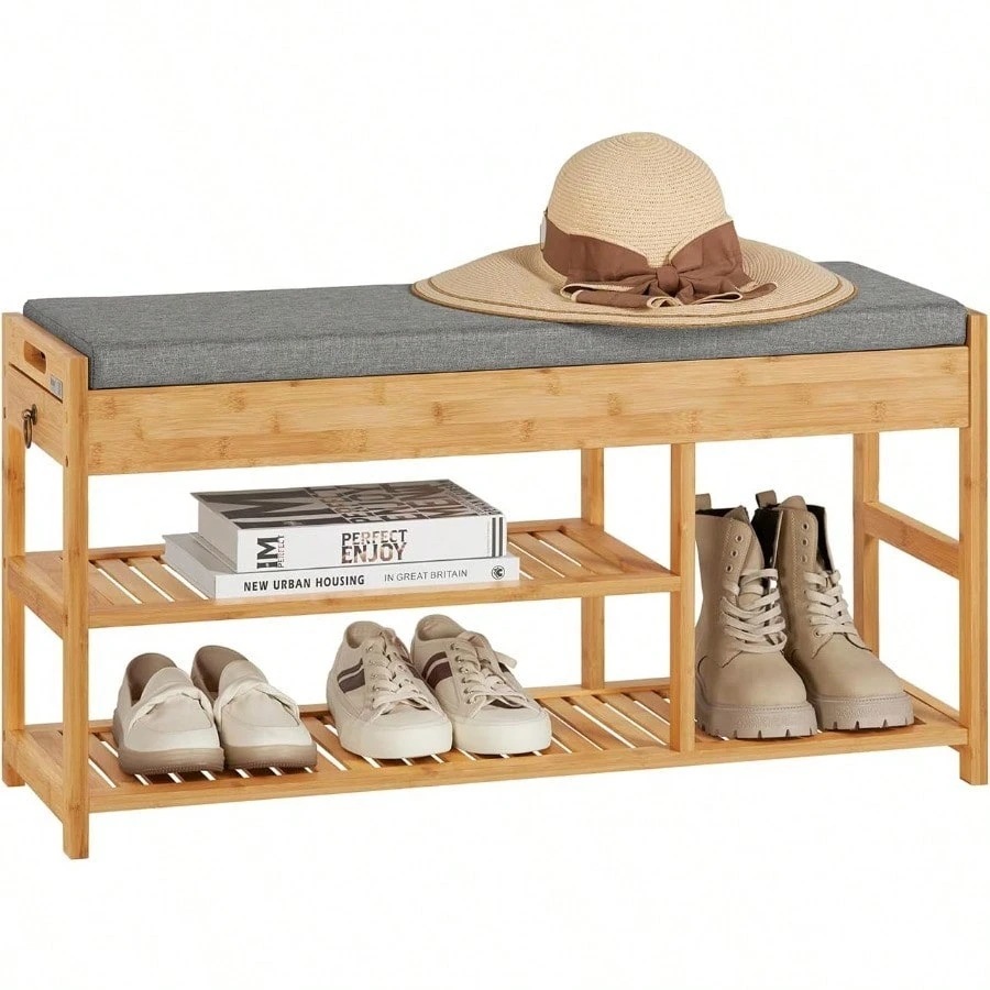 SoBuy 玄関ベンチ 収納ベンチ シューズラック 収納スツール 靴収納 竹製 幅90×奥行30×高さ45cm おしゃれ 引き出し付き 二段式靴収納 クッション洗い可能 玄関収納 玄関椅子 腰掛け ベ 9,388円