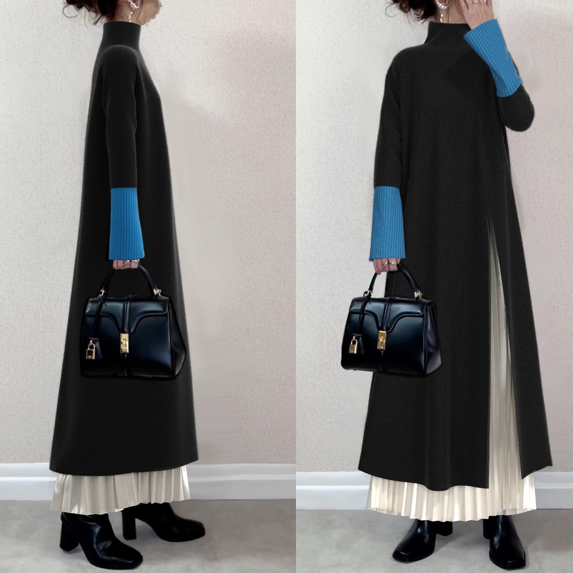 【楽天人気アイテム】 絶対可愛いプリンツスカート＋配色スリットニットワンピースセット