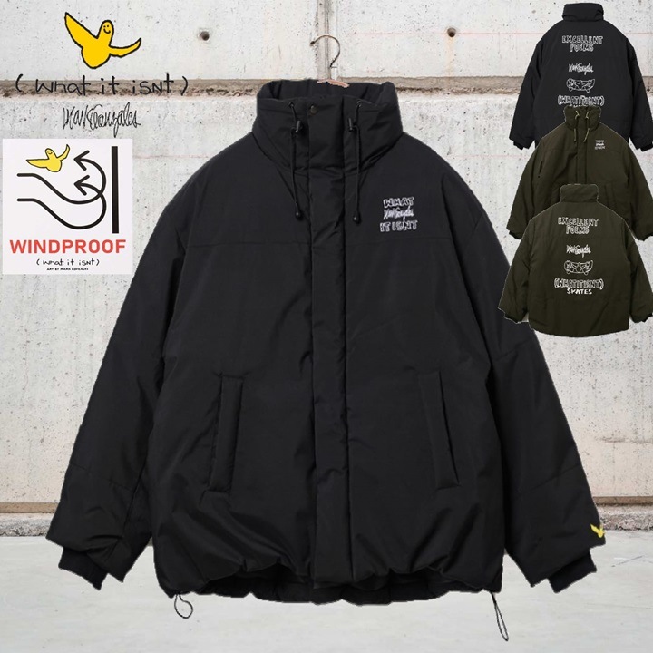 【(What it isNt) ART BY MARK GONZALES】 マークゴンザレス アウター 防風機能 オーバーサイズ 中綿 ドローコード バックプリント ワンポイント刺繍 スタンドカラ