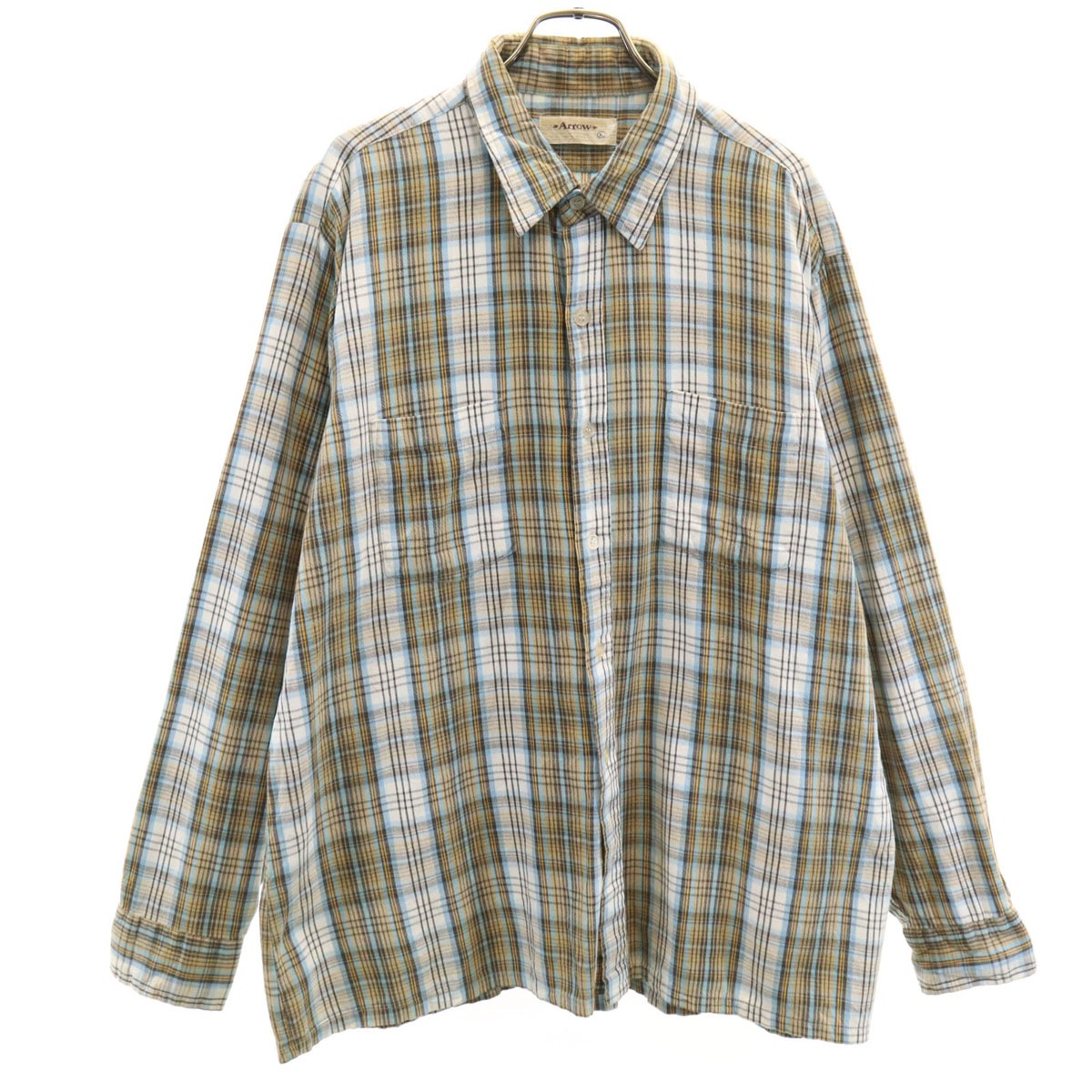 ARROW アロー 80s ヴィンテージ チェック柄 長袖 コットンシャツ XL ホワイト メンズ 古着