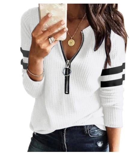 秋と冬の新しい女性のジッパーv-ネックステッチ長いスリーブのTシャツトップ