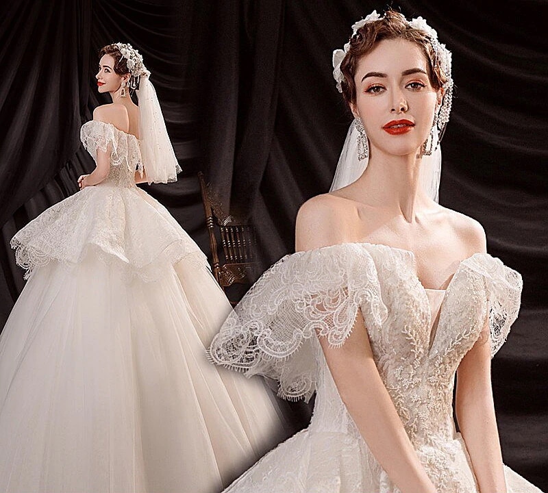 ドレス ロング 演奏会 二次会 結婚式 パーティードレス 花嫁 ウェディングドレス カラードレお呼ばれドレスパーティードレス フランス宮廷 バービー王女 花びらの肩 花嫁ウエディングドレス