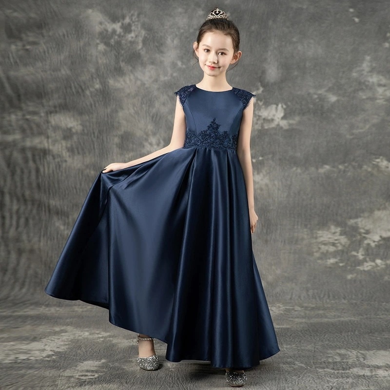 全3色 ピアノ発表会ドレス 子供ドレス ロング ネイビー サテンドレス 演奏会ドレス 女の子 黒 ワイン赤 レース 女児ドレス ピアノ発表会 演奏会 結婚式 七五三ドレス 無地 フォーマル キッズドレ 4,757円