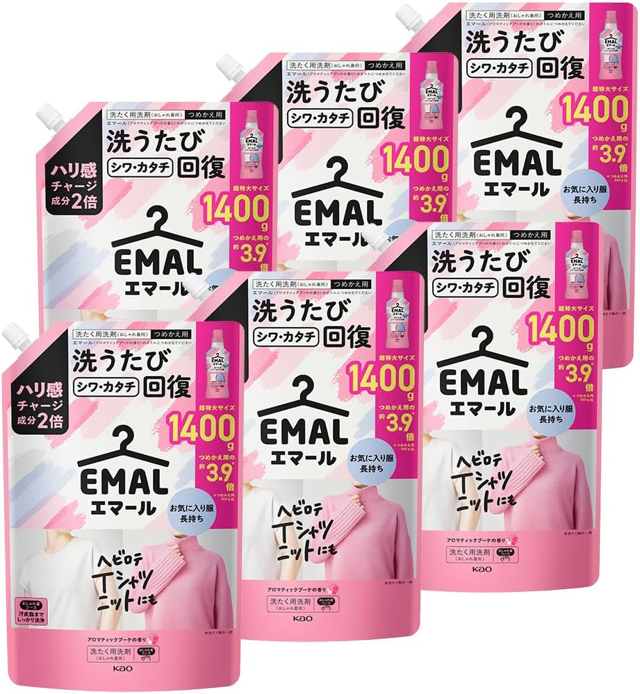 エマール ケース販売 ハリ感チャージ成分2倍配合! 洗うたびシワカタチ回復 アロマティックブーケの香り つめかえ用 1400ｇ×6個 大容量