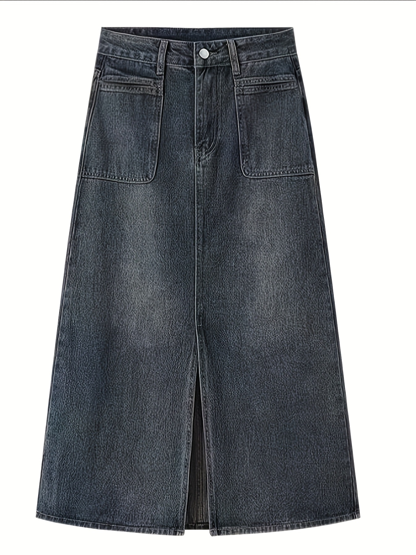 ハイウエスト Aライン デニム スカートヴィンテージ ソリッドカラー伸びない織物フロントスリットボタンデタイル春/夏/秋のカジュアル シック ジーン スカート