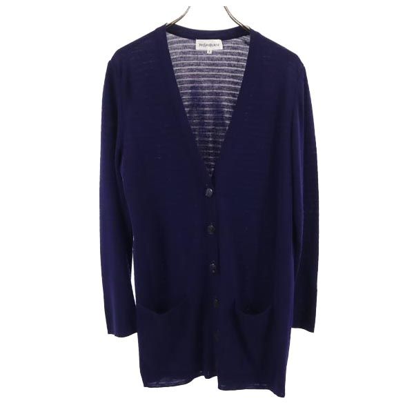 日本製 ウールブレンド ボーダー 長袖 Vネック ニット カーディガン L ネイビー系 レディース