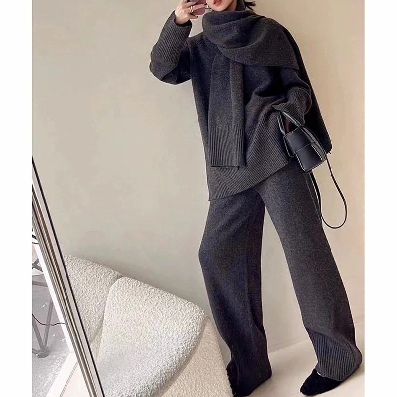 秋冬新作 ファッション ゆったりワイドパンツセット 単色ルーズニットセーター＋パンツ＋スカーフの3点セット