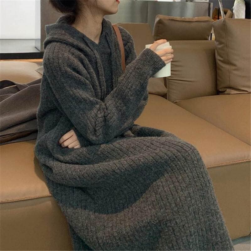 ワンピース ドレス ニット ニットワンピース ロング丈 シンプル カジュアル 着回し 上品 フード カフェ 女子会 モテ おしゃれ 綺麗め 上品 トレンド ワンサイズ 無地 ファッション 10代 20