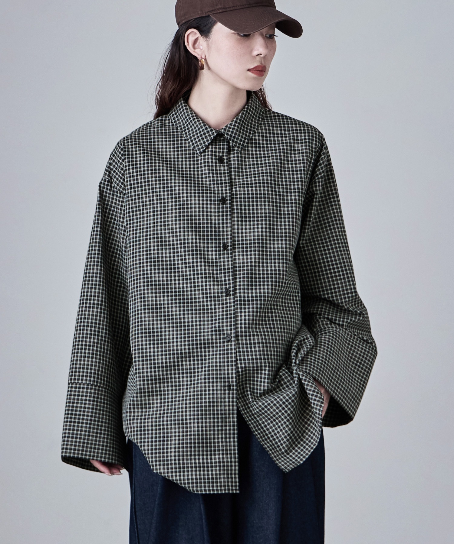 ワイドスリーブオーバーチェックシャツ トップス シャツ チェックシャツ オーバーシャツ チェック柄 チェック ミニチェック 長袖 ビッグシルエット オーバーサイズ ワイド レギュラーカラー 綿混