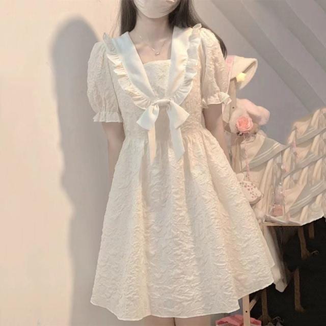 夏 ワンピース 白 可愛い 膝丈 ミモレ丈 チュチュスカート 女の子 子供 キッズ ホワイト きれいめ ロリータワンピース 中学生 高校生 半袖 無地 ゆったり 体型カバー コスプレ ゴスロリ