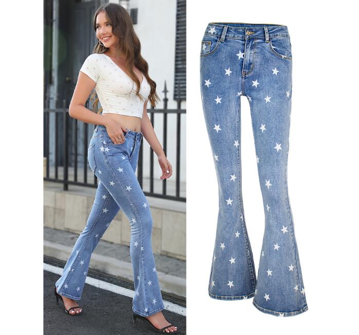 【期間限定！】レディース デニムパンツ パンタロン 星柄 ラッパ ボトムス 欧米風ジーンズ 女性 ラッパズボン デニムパンタロン 普段着 舞台演出服 大きいサイズ デニムパンツ ブルー