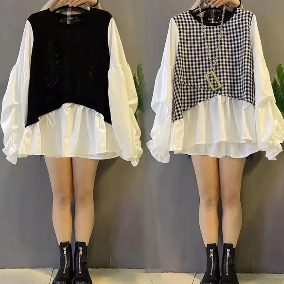 トップス ブラウス 袖あり 七分袖 ボリューム袖 Uネック ペプラム Aライン 切り替えデザイン ドッキング 大人可愛い カジュアル おしゃれ お洒落 こなれ感 ラブリー キュート ガーリー