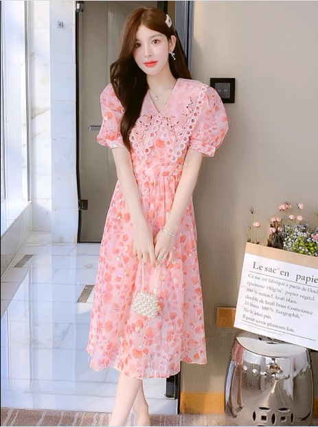 レディース ワンピース ドレス ミモレ 半袖 パフスリーブ 襟付き ストレート Aライン フェミニン レース ハイウエスト かわいい 大人可愛い おしゃれ レトロ ガーリー 主役級 存在感 6,462円