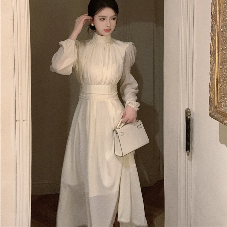 ワンピース ロングワンピース 長袖 ハイネック ウエストマーク シースルー ロング丈 かわいい 大人可愛い きれいめ シンプル 上品 おしゃれ 大人女子 こなれ感 個性的 主役級 存在感 ナチュラル