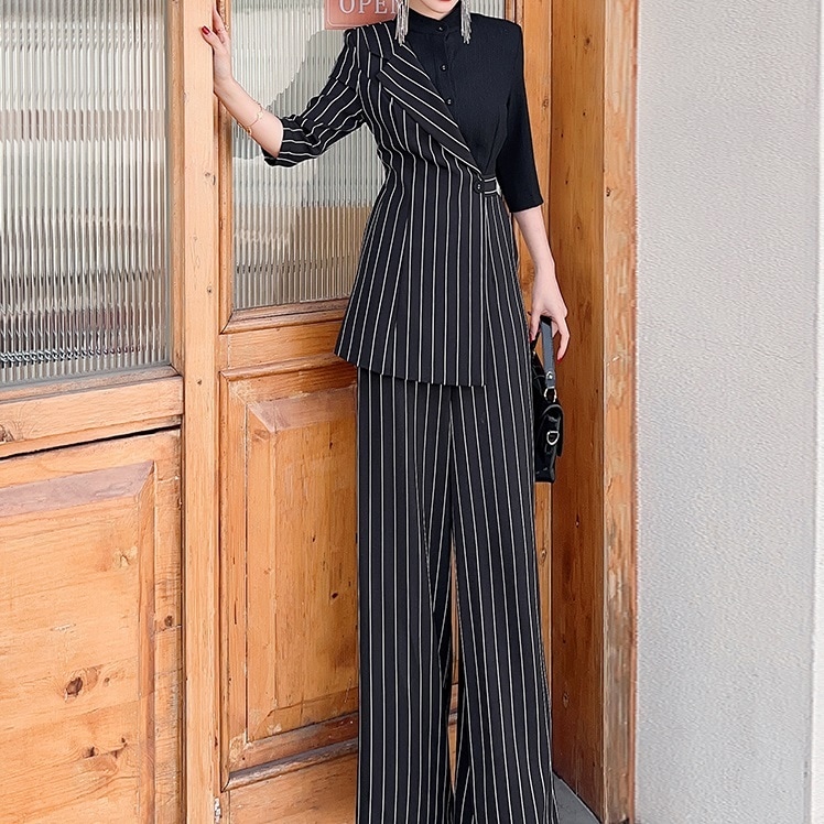 スーツ ドレス パーティー 結婚式 二次会 披露宴 演奏会 発表会 ステージ 舞台 衣装 コスプレ 謝恩会 演劇 ロング 7分袖 Vネック 襟付き スレンダー アシンメトリー フレア パンツ ワイド