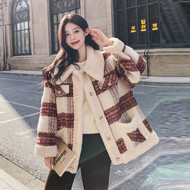ファー付き 厚手若々しい英国ダウンコート 2024冬新作 小柄な女性用 韓国レトロチェックファーコート 4,189円