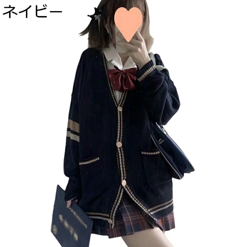 スクールカーディガン レディース 大きいサイズ 秋冬 ニットカーディガン 長袖 Vネック 女性 アウター 防風 防寒 おしゃれ 暖かい カジュアル 春 ジャケット トップス ネイビー/2XL