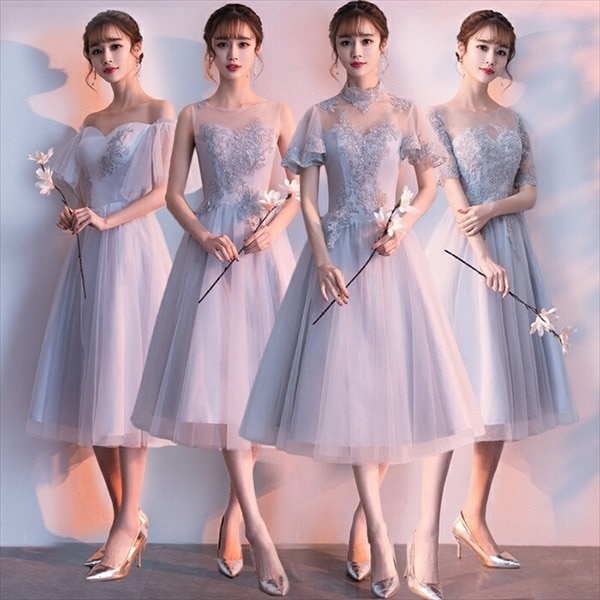 ドレスパーティードレスレディースミモレ袖あり編み上げ結婚式締め上げタイプ演奏会二次会発表会披露宴