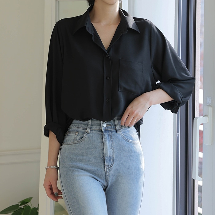 [韓国ファッション] 女性用 カラー ポケット ブラウス