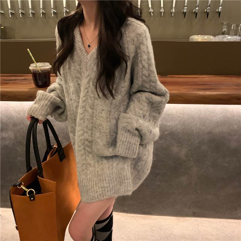 Vネック ケーブル編み ニットセーター レディース トップス チュニック ニットワンピ 丈長 長袖 萌袖 襟なし ケーブルニット ニット かわいい 大人可愛い シンプル カジュアル おしゃれ ルーズ