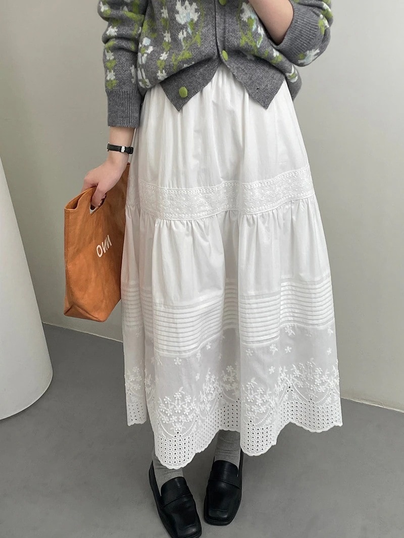 【送料無料】コットン ハーフボディドレス 無地 ロング丈 フリル ミディアムスカート [ホワイト]