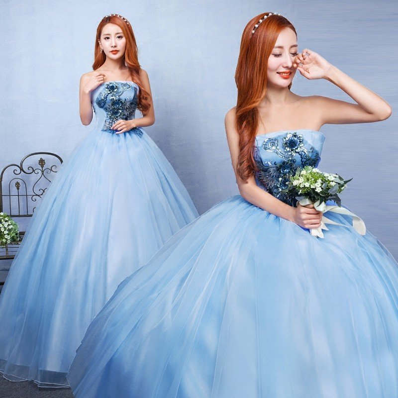 カラードレス ウェディングドレス ロングドレス 演奏会 コンサート 舞台衣装 大きいサイズ ブルー 人気のパーティードレス