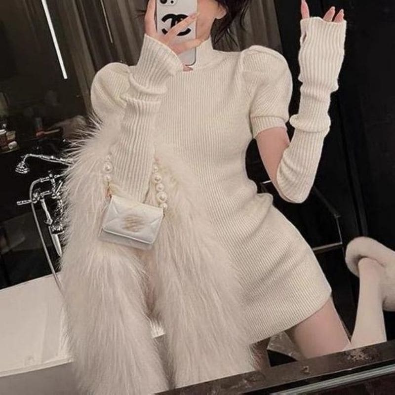 【1つ買うと10つ無料】秋と冬の半分の首のバブルスリーブウールニットヒップドレススリムな女性のスリーブセーターボトムスカート