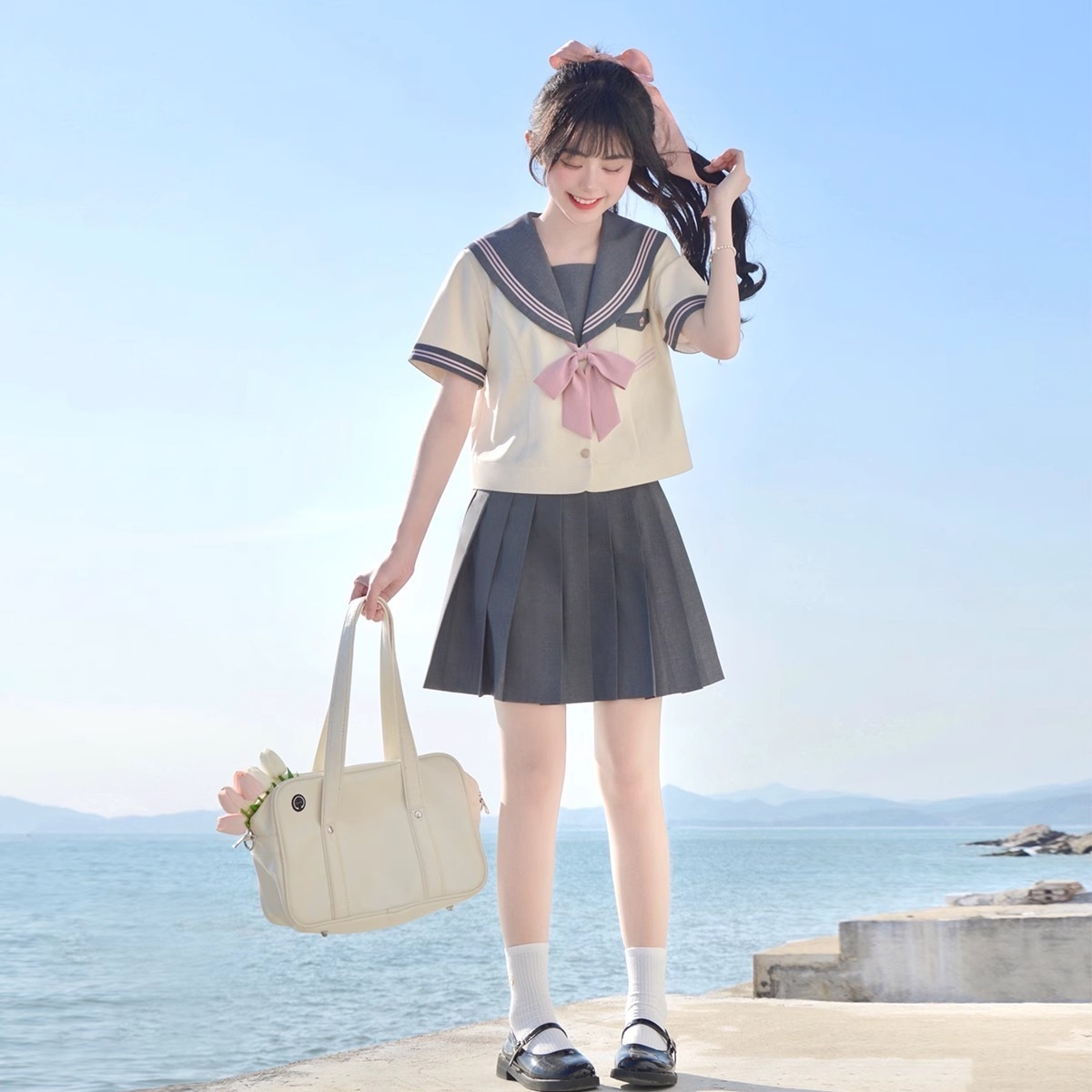 【1つ買うと10つ無料】夏jkプリーツスカートユニフォームカレッジスタイルスーツショートスリーブグレーパウダーパウダー服女性トレンド