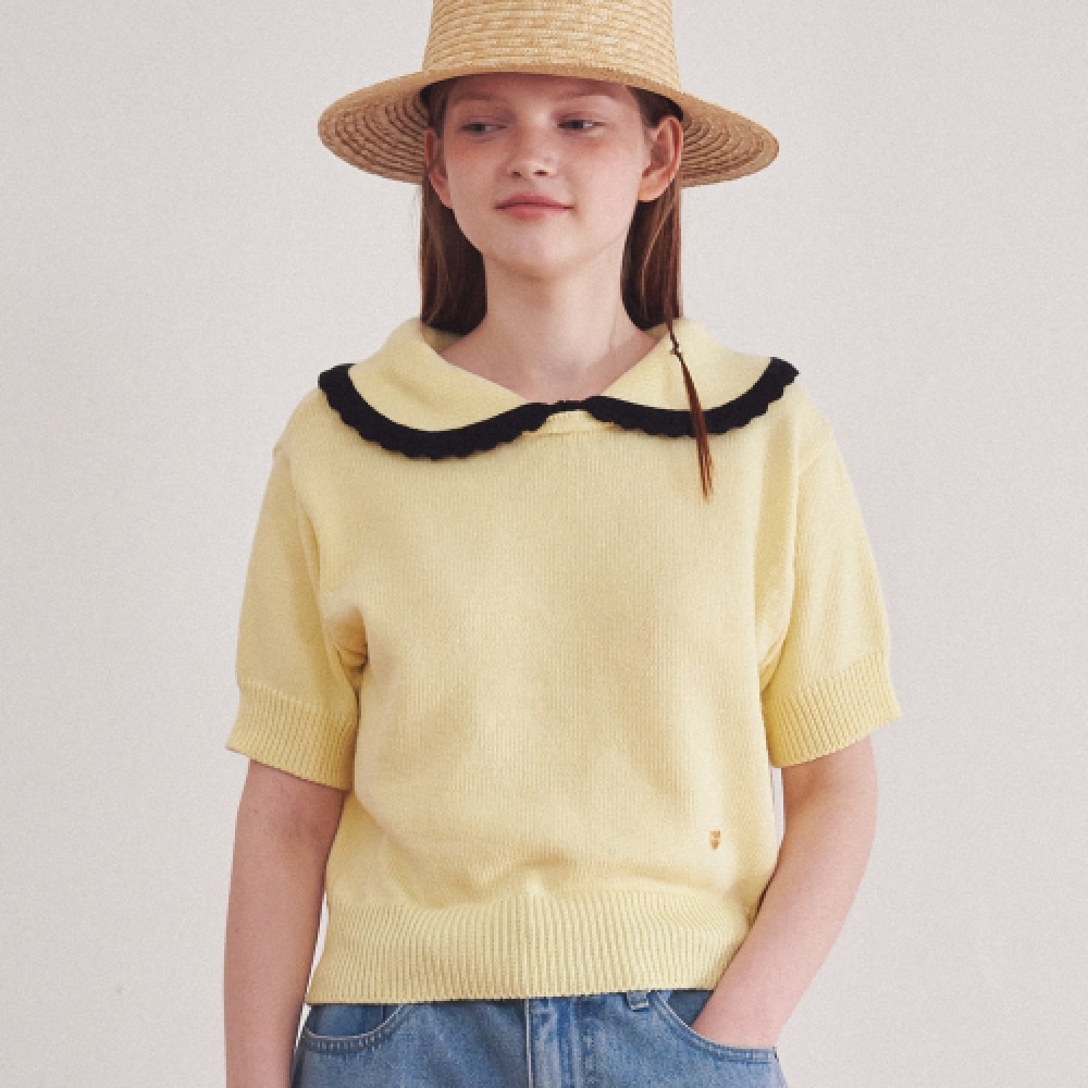 ロンロンハートラウンドカラー半袖ニットバターイエロー