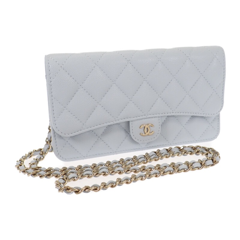 フラップ フォンケース AP3744 ショルダーバッグ カーフスキン ライトブルー ゴールド金具 レディース【Aランク】