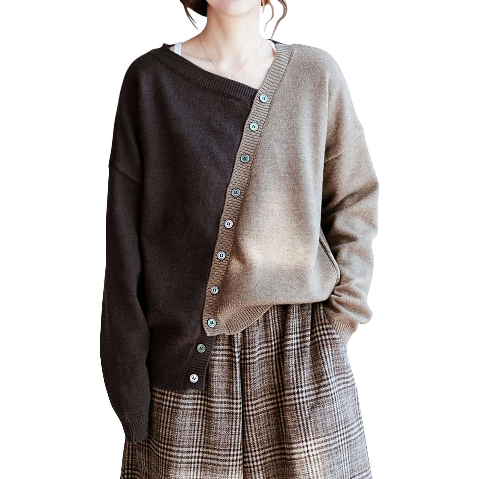 レディース ニットセーター トップス 切り替え デザイン 個性的 Vネック 長袖 可愛い 流行 カジュアル きれいめ 大人可愛い 大きめ 着瘦せ 春 秋 冬