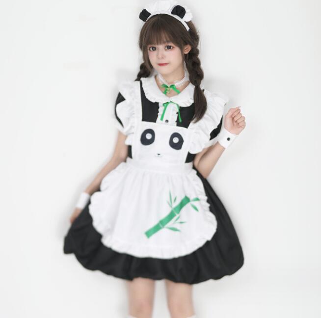 迅速な出荷 メイド服7点セット パンダ 竹 半袖 ショート丈 膝丈 メイド服 裾フリル エプロンドレス 緑のリボン 耳のカチューシャ 大人 ハロウイン コスプレ ウェイトレス キュット 萌え パンダ