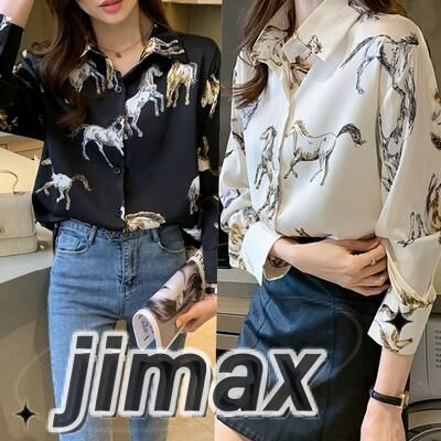 トップス レディース ブラウス きれいめ カジュアル シャツ おしゃれ 馬柄 カットソー アニマル柄 総柄 こなれ感 お出かけ 体型カバー 韓国 コーデ ベージュ ホワイト 白 ブラック 黒 春 夏