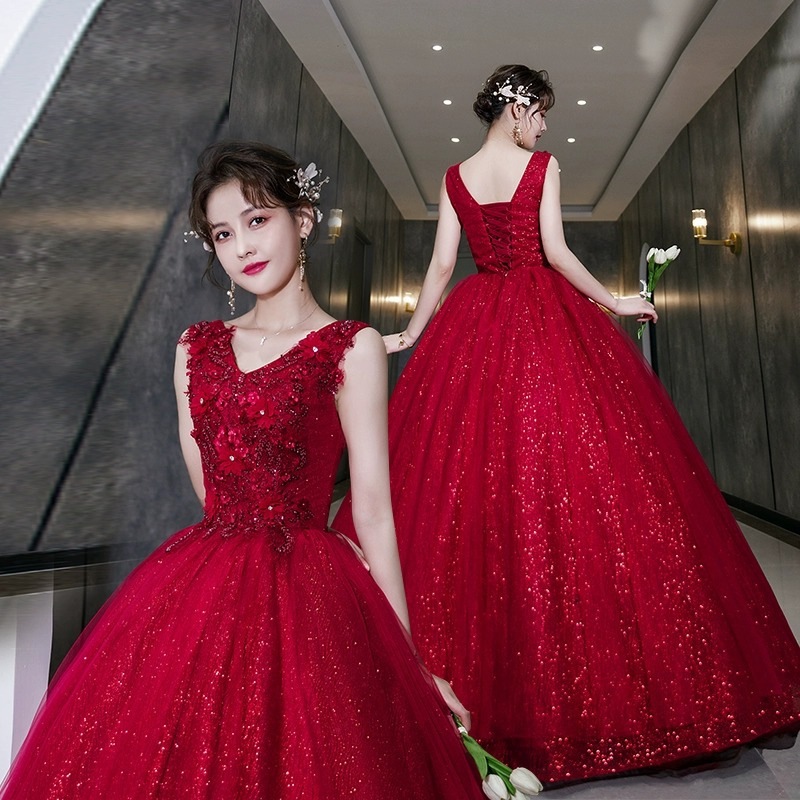 バーガンディ乾杯ドレス花嫁の夏ロング結婚式イブニングドレス婚約ドレス2024